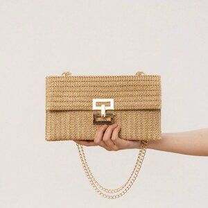 Twit Lock Flap Straw Shoulder Bag Medium